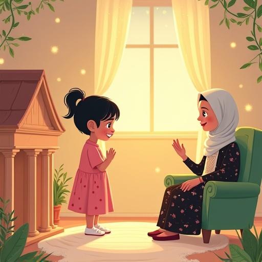 Warm dreamy children’s illustration of little Layla returning a missing wooden pillar to an open house. Layla is in a pink polka-dot dress with white shoes. Soft tears on her face, gentle expression. Background of her room with plants, chair, carpet, and soft light. Grandmother in gray hijab and black floral dress smiling in the chair.
