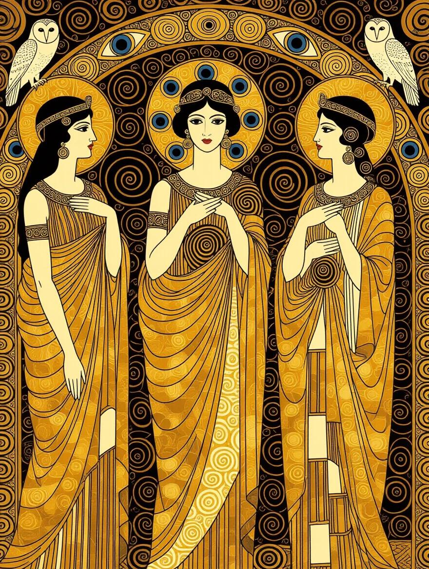 A mythological scene in the style of Gustav Klimt. Greek goddesses are draped in golden robes with intricate decorations. The background features owls, serpents, and symbols amidst golden mosaic patterns. A fusion of classical themes and Art Nouveau aesthetic.