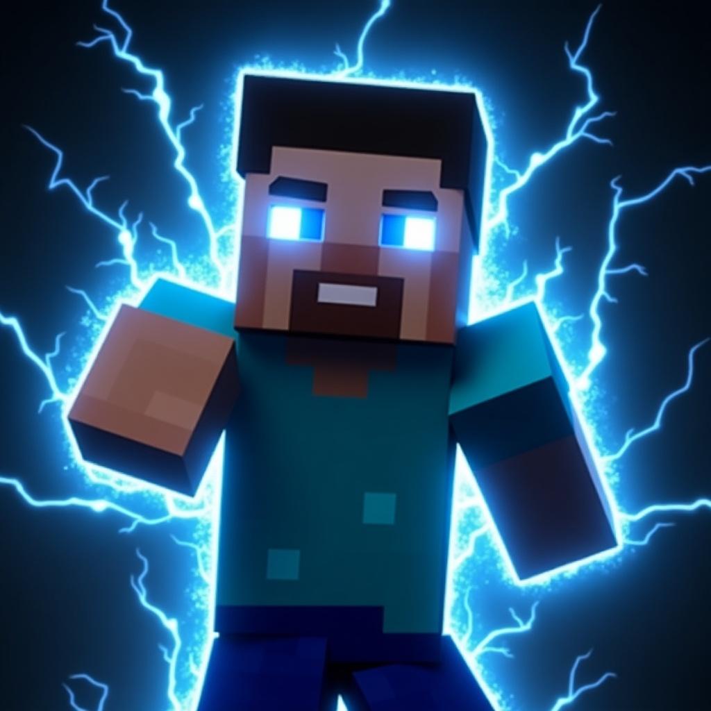 Image features a character from Minecraft in an action-packed pose. The character wears a blue shirt. Background is dark. Bright electric blue light shines from the character's eyes. Surrounding elements include radiating electricity. The style is distinctively blocky.