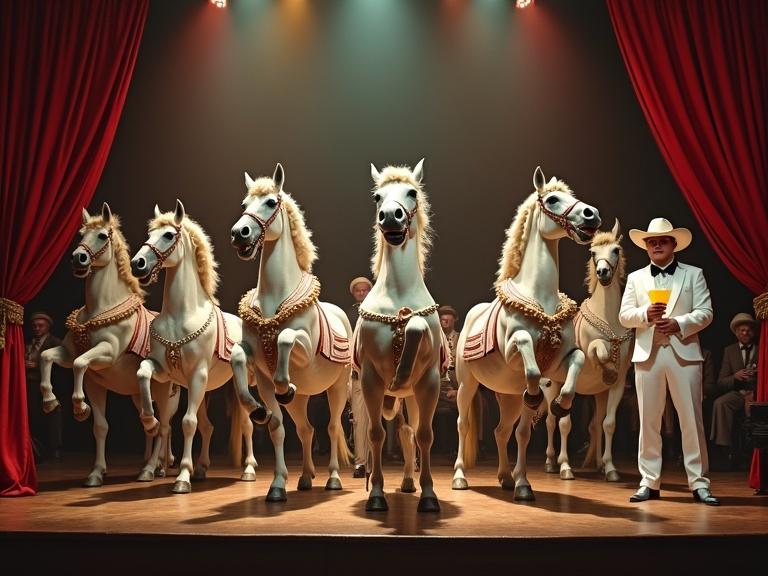 A surreal opera scene on a western saloon stage. Several horses on hind legs with extravagant costumes. Their mouths open in singing poses. Bright colorful stage lights and red velvet curtains surround the scene. An audience member in a white suit watches with amazement while holding lemonade.