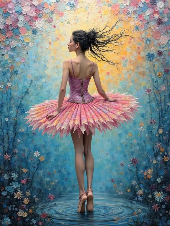 Portrait of a ballerina in a colorful tutu surrounded by abstract floral mosaic backgrounds. Ballerina displays ethereal movement with dreamy lighting.