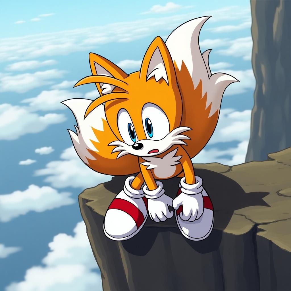 Tails the Fox looks nervous at the edge of a cliff. He sits with his knees knocking. The background shows clouds and a high drop. Tails has orange fur and a concerned expression.