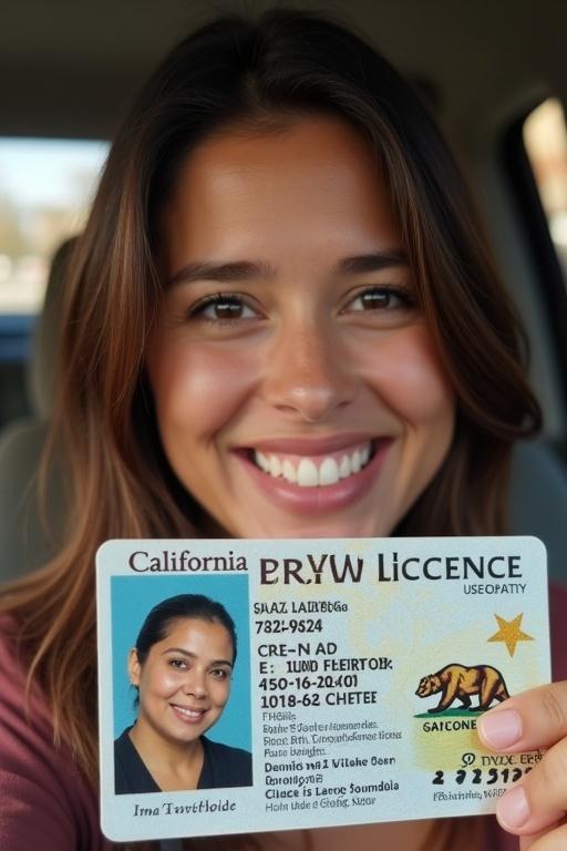 Photorealistic official-looking California driver's license. Woman with medium brown hair smiling happily. Slightly angled portrait photo. Indoor lighting with warm tones. Woman in light red/burgundy top. Background appears light blueish-gray. License features gold grizzly bear emblem. Gold colored graphic on one side. Clear and crisp text with various fonts and sizes. Prominent numbers and dates displayed. Includes detailed individual information.