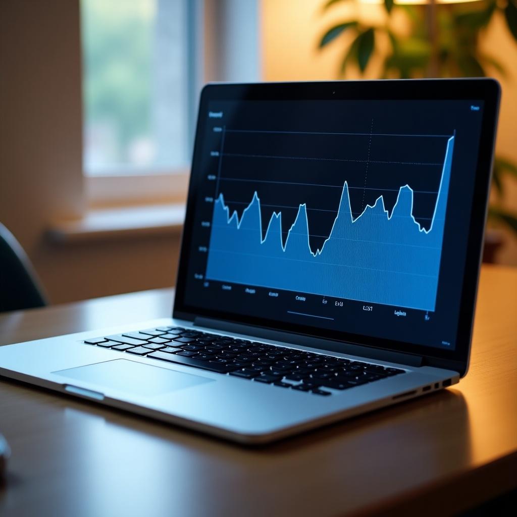 Laptop placed on a table. Screen shows a blue graph. Graph displays data trends. Scene is well lit. Background includes plants and window.