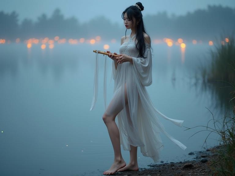 A woman in elegant silver embroidered hanfu plays a sheng at the edge of a still lake. The fog encircles her legs. Her flowing silk dress drapes softly around her body. She stands barefoot with one shoulder exposed. The scene is illuminated by shimmering lanterns and flickering fireflies in a tranquil atmosphere.
