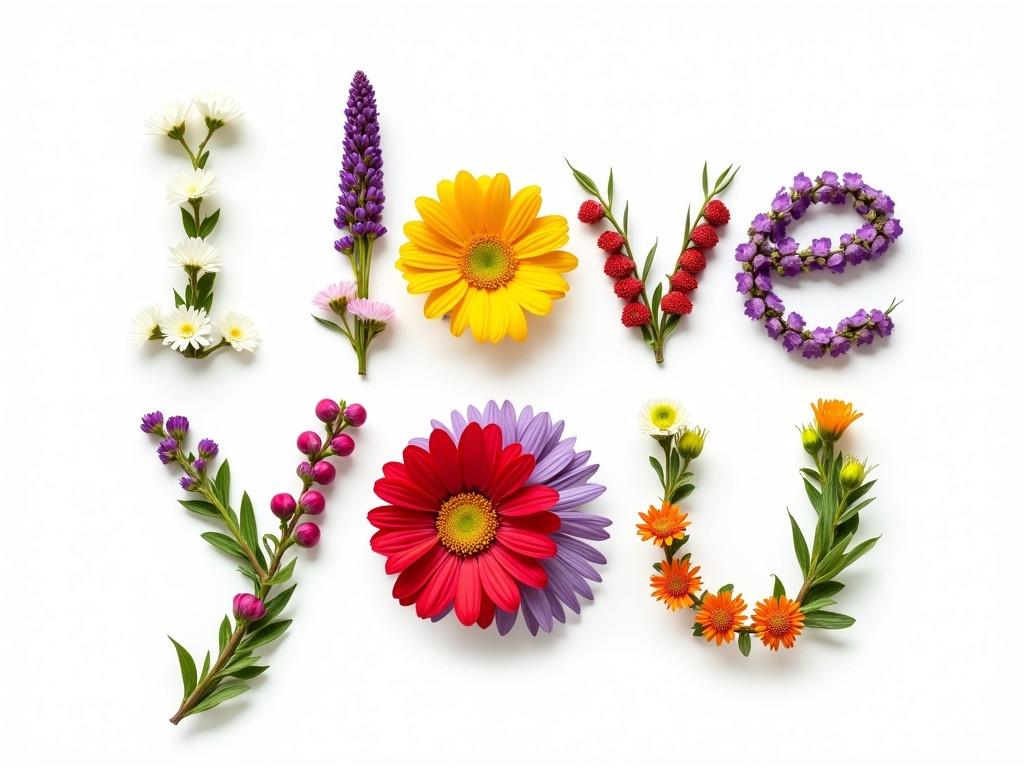 The image depicts the sign 'I LOVE YOU' creatively arranged using various meadow flowers. Each letter is formed with a different type of flower, showcasing vibrant colors and unique shapes. The letter 'I' uses delicate white flowers, while 'LOVE' consists of a bright red daisy, two purple flowers, and small orange blooms. The background is pristine white, emphasizing the beauty of the floral artwork. This composition is sharply focused, bringing out the intricate details of the petals and leaves, creating a professional photography quality.