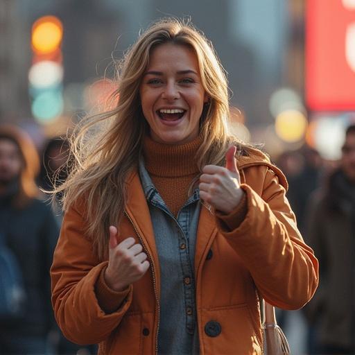 Image of a young woman with long blonde hair wearing an orange coat and a gray sweater standing in a busy urban area. She poses confidently with a thumbs up against a blurred background of people.