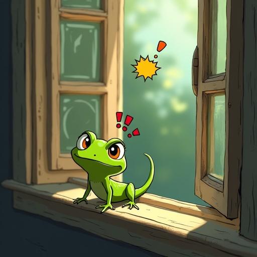 A small anime-style green gecko peering through an open window. It is perched on the windowsill, looking curious and a bit alarmed. The focus is on its reaction to almost losing its balance. The window lets in soft natural light, creating a bright, cheerful atmosphere.
