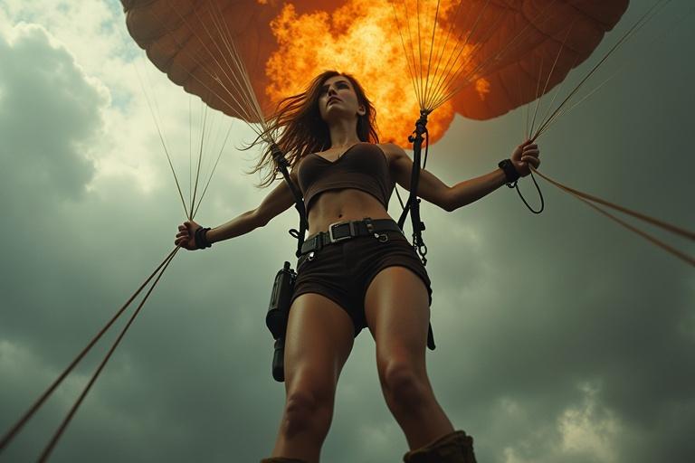 A woman mid-air as her parachute ignites. Arms tied in front, she falls faster. Wearing a dark brown crop top and tactical shorts with thigh straps. Golden hair flows in the wind, framed by clouds and flames.