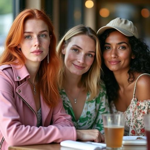 Candid shot of three friends at a cafe looking at the camera. One friend has red hair in a padded pink leather jacket. Another friend is blonde in a green and white blouse. The last friend has dark hair wearing a floral sundress and a cap.
