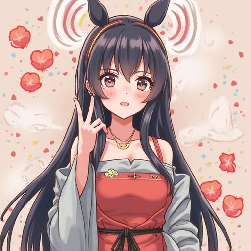 Illustration features an anime character in traditional attire. Character has rabbit ears. Soft pastel colored background. Subtle floral patterns complement design. Ideal for representing a golf tour in Chiang Mai, Thailand.