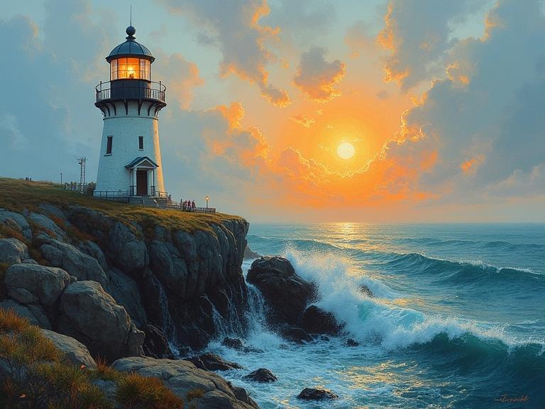 A neo-expressionism style painting featuring a lighthouse on a cliff. The scene portrays a vibrant sunset with dramatic clouds. Waves crash against the rocks below. The setting is serene yet powerful, showcasing the beauty of nature.