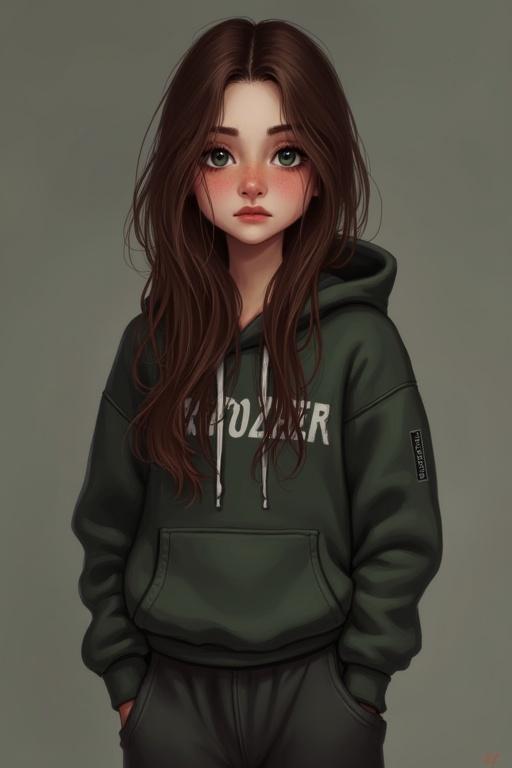 High resolution photography of a young Portuguese woman wearing a dark green hoodie and sweatpants. Long thick dark brown hair. Slim petite figure. Emotional expression suggests anxiety and depression. Quiet and introverted character.