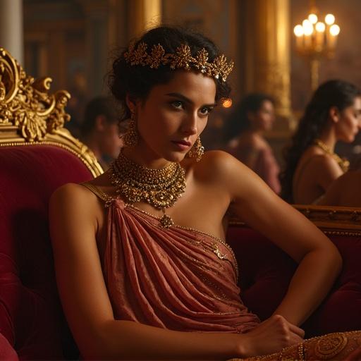 Young Roman empress reclining in opulent palace. Velvet couch surrounding with golden decorations. Deco feast atmosphere with shadowy figures. Adorned with intricate jewelry and silk robes. Mischievous smirk illuminated by candlelight. Dark and seductive ambiance. Highly detailed Roman aesthetic.