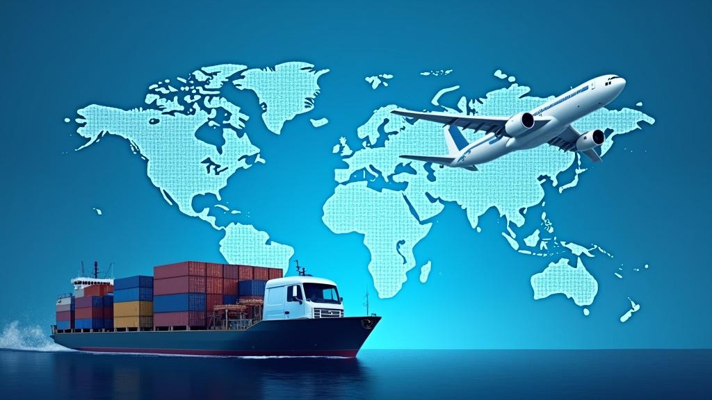 Scene illustrates global logistics and transportation. Airplane in flight symbolizes air transport. Shipping containers and truck indicate land and sea transport. World map highlights international nature of logistics. Ship's telegraph faintly visible for maritime navigation and control. Predominantly blue background gives a modern feel emphasizing global trade.