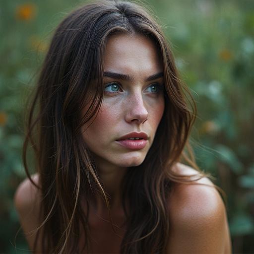 Close-up portrait of a young woman. Features natural beauty with soft lighting. Background with blurred greenery. Model has long brown hair and striking blue eyes.