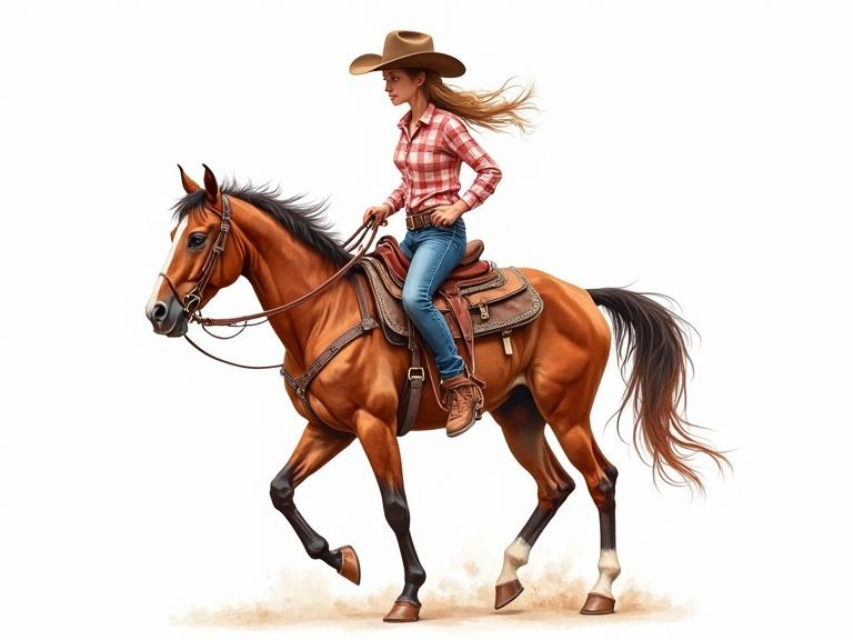 Watercolor illustration of a rodeo cowgirl riding a horse. Hand-drawn style with bohemian elements. High detail artwork isolated on a white background.