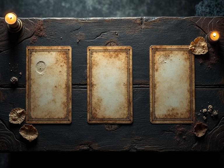 Top-down viewing angle of a mystical ancient table surface. Three rectangular spaces for tarot cards lie in a row. Table features dark carved wood with occult symbols and worn texture. Soft glow from candles casts deep shadows. Gold outlines around empty spaces. Dust particles float in the air. Dark misty background. Style includes dark fantasy realism and dramatic chiaroscuro with high detail.