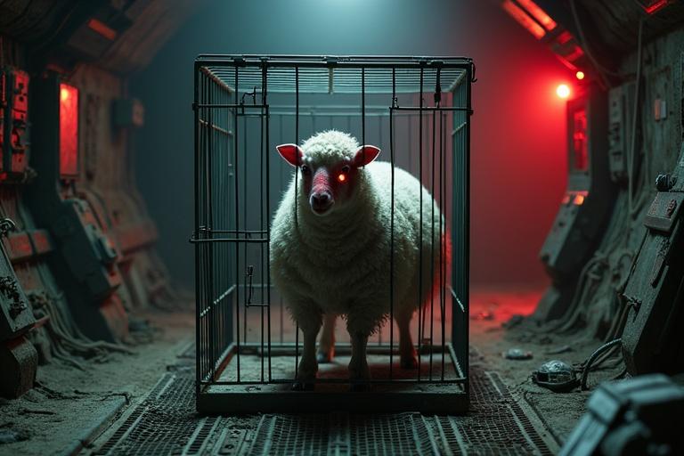 Ultra-realistic scene inside an abandoned spacecraft interior. A metal cage is centered on the frame. An old cage is on a grated floor. Scattered wires and broken consoles are around. Inside the cage is a trembling sheep. One side of the sheep's face is red and exposed. The other side is soft and natural. The eye on the red side glows faintly. The eye on the other side appears normal. Dim lighting from overhead emergency red lights creates shadows. Steam or cold mist is near the floor. Sparks flicker from a damaged panel in the background.