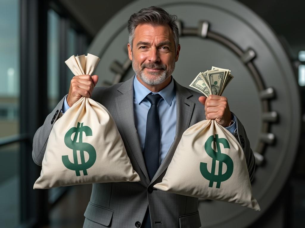 A man in a grey suit is holding several bags of money. Each bag has a dollar sign, "$", prominently displayed on it. In the background, there is a blurred image of a large money bank safe, suggesting wealth and security. The man appears confident as he carries the bags. The scene conveys a sense of financial power and abundance.