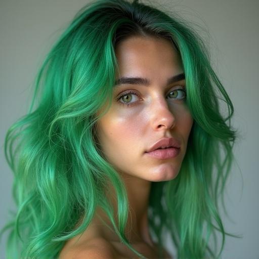 Portrait of a young woman with vibrant green hair and natural skin tone, front view with soft lighting.