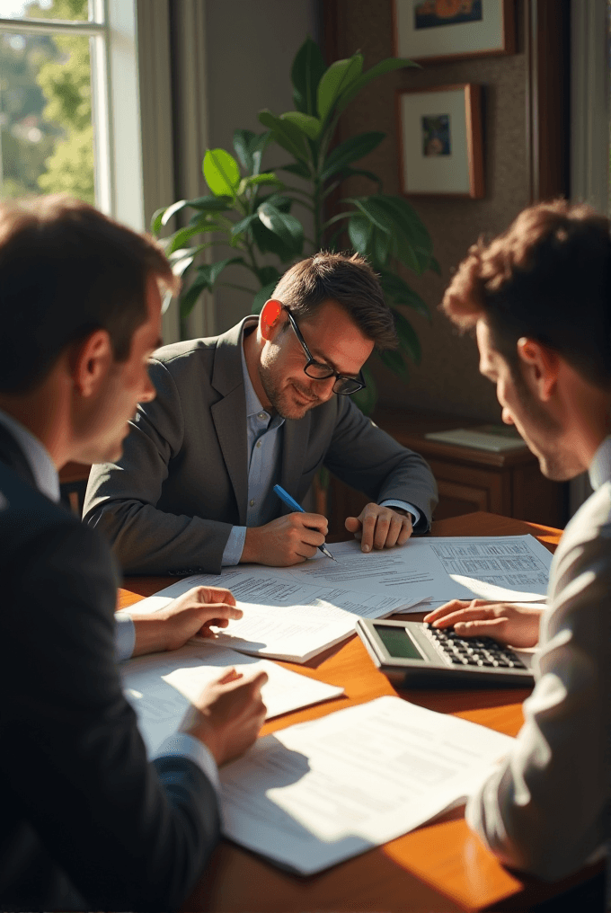 Three professionals work together at a table, reviewing and discussing documents amid soft natural light filtering through a window.