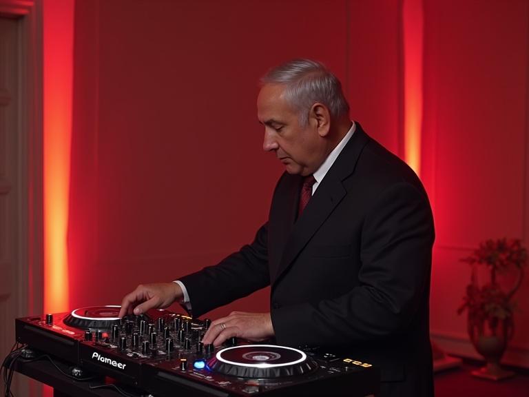 DJ performing with Pioneer CDJ 3000 in a setting with red lighting. Emphasis on concentration on the music mixing.
