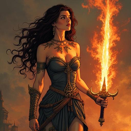 Beautiful woman with long flowing hair. She holds a flaming sword. Artwork reflects Mike Mignola's comic art style.