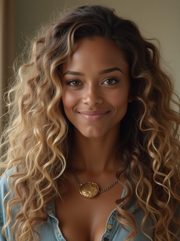 A close-up portrait of a person with voluminous curly hair wearing a denim shirt. Natural lighting highlights the hair's texture. The subject wears a gold necklace that complements the casual style.