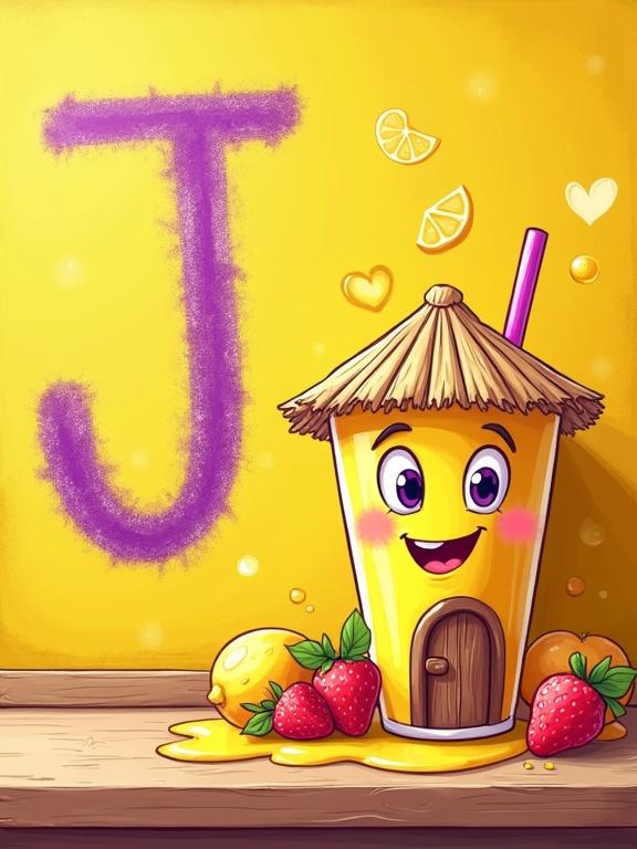 Vibrant cartoon illustration of a sunny yellow chalkboard with purple playful letter 'J'. Cheerful juice-cup house with straw roof and smiley face next to it. Floating fruit slices and a heart-shaped juice puddle. Wooden chalkboard frame with berry doodles.