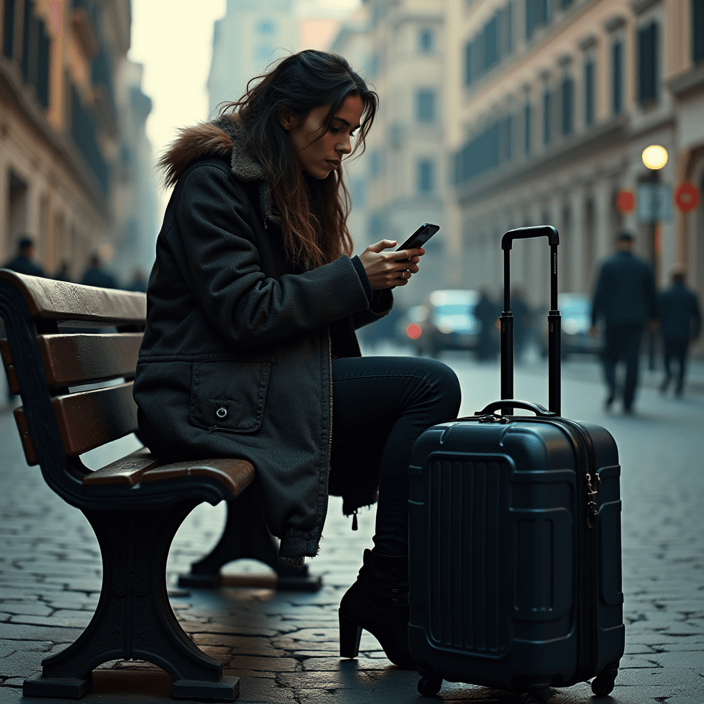 A woman sits on a bench with her suitcase, absorbed in her phone, against a backdrop of a European city street.