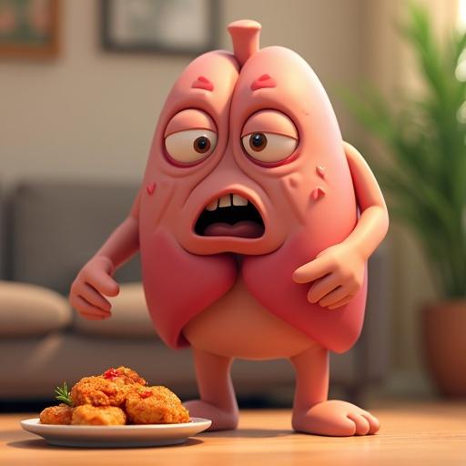 3D cartoon style image featuring an anthropomorphic lung character. The lung has big expressive eyes and looks shocked while pushing away spicy fried chicken. Background filled with a cozy living room containing a sofa and some plants. Soft realistic colors with simple exaggerated forms, illuminated with warm lighting.