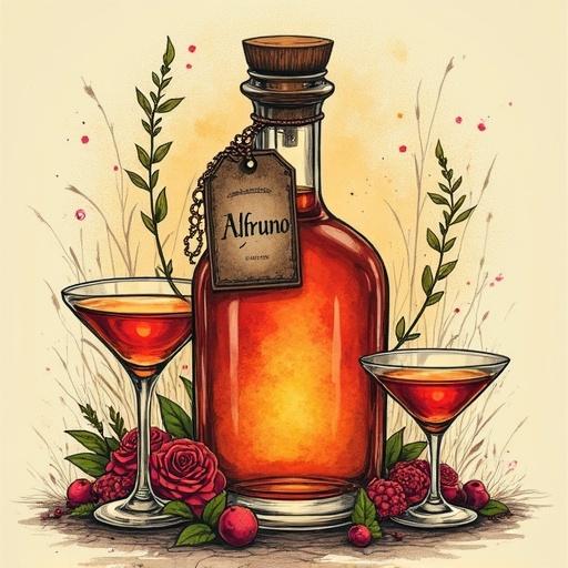 Illustration of a liqueur bottle named ALFRUNO with cocktail glasses. Surrounded by flowers, fruits, and herbs. Beige background with elegant typography.