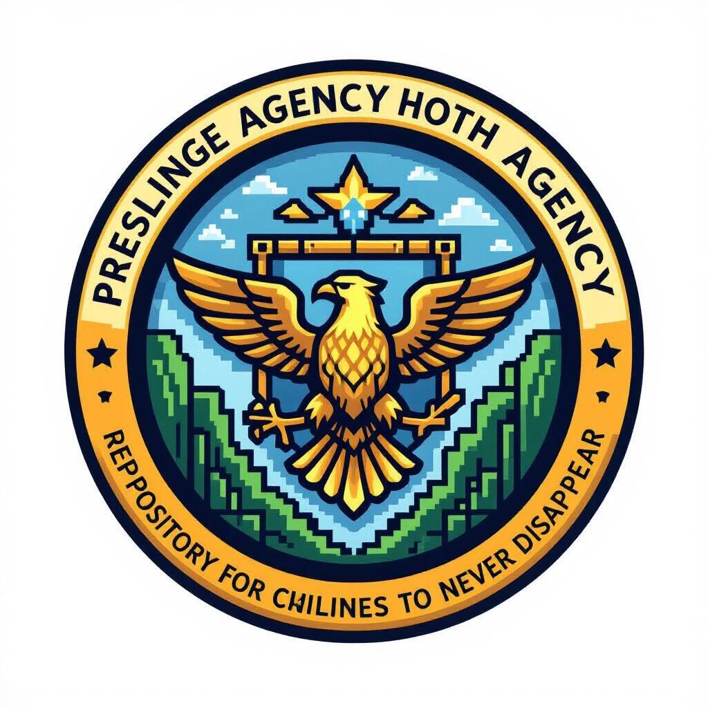 Round logo featuring an eagle at the center. Agency name around the edge. Government style. Minecraft theme incorporated within the design. Repository for online communities and historical narratives.