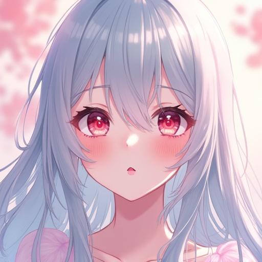 Anime character with silver hair and red eyes in pastel colors. Beautiful face and shiny skin with a cute smile. Soft and transparent aesthetic with detailed features.