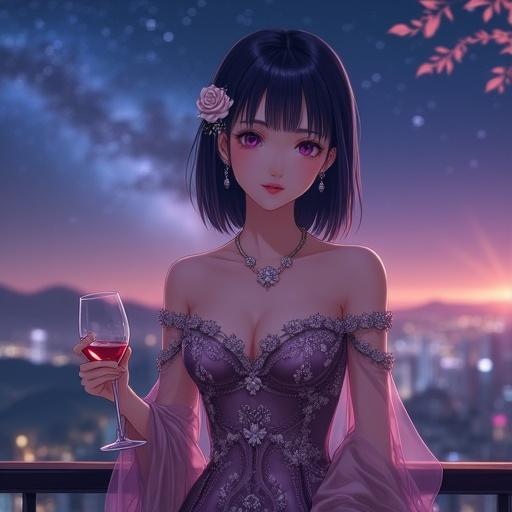 Beautiful anime lady in off-shoulder evening gown. Dark violet hair with white rose pin. Calm expression. Scenic nighttime background with city lights and Milky Way. Holding red wine glass.