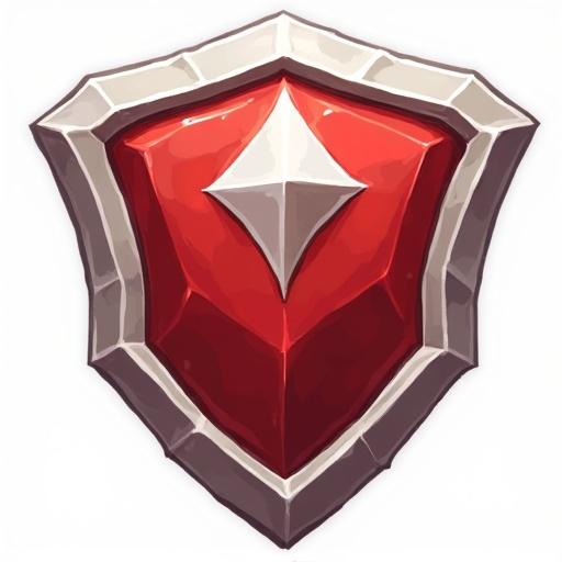 Icon depicting a Rare Breastplate with red and white colors. Designed for a card game. Size is 48 by 48 pixels. Styled like World of Warcraft with a transparent background.