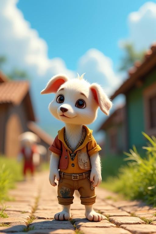 Vibrant ultra-HD 4K 3D cinematic scene showing a colorful rural village with cobblestone paths. In the foreground, Tuku, a small white puppy stands on two legs wearing patched clothes. His expressive eyes show determination. Background features wooden houses and lush green fields under a bright blue sky.