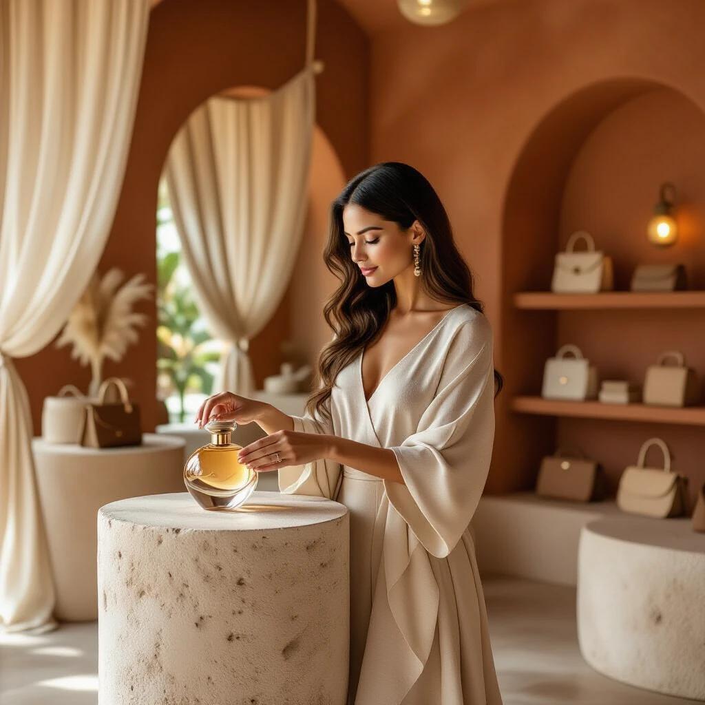 Interior of a boutique shop with warm lighting and earthy textures. A woman with long dark hair wearing a flowing outfit gently touches a beautiful perfume bottle. Handbags are displayed on shelves in the background. The space has curved walls and suspended linen drapes. The overall mood is sensual and artistic. Simple elegance and immersive design characterize the environment.
