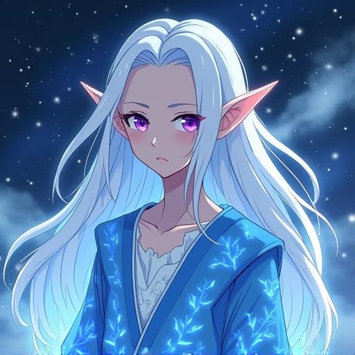 Anime-style elf has long white hair with glowing purple eyes. Elf shows a half-asleep expression yet radiates power. Wears an icy-blue robe with glowing magical patterns. Surrounded by cold mist and floating ice in a cosmic background filled with stars. The character has a calm but intense aura.