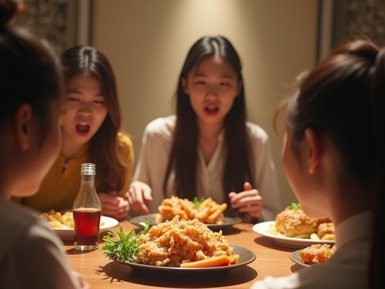 Photo of a group of Asian hotel guests at a dining table showing shocked and scared expressions upon seeing their food. The table is set with plates of food including fried rice and fries. The scene has warm lighting and an intimate dining atmosphere.