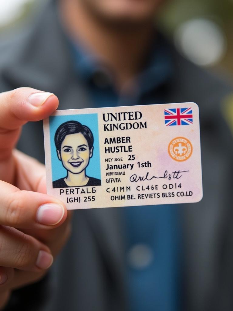 Person holding a United Kingdom identification card. Card shows name Amber Hustle age 25 and date January 1st. Card is official and features recognizable symbols.