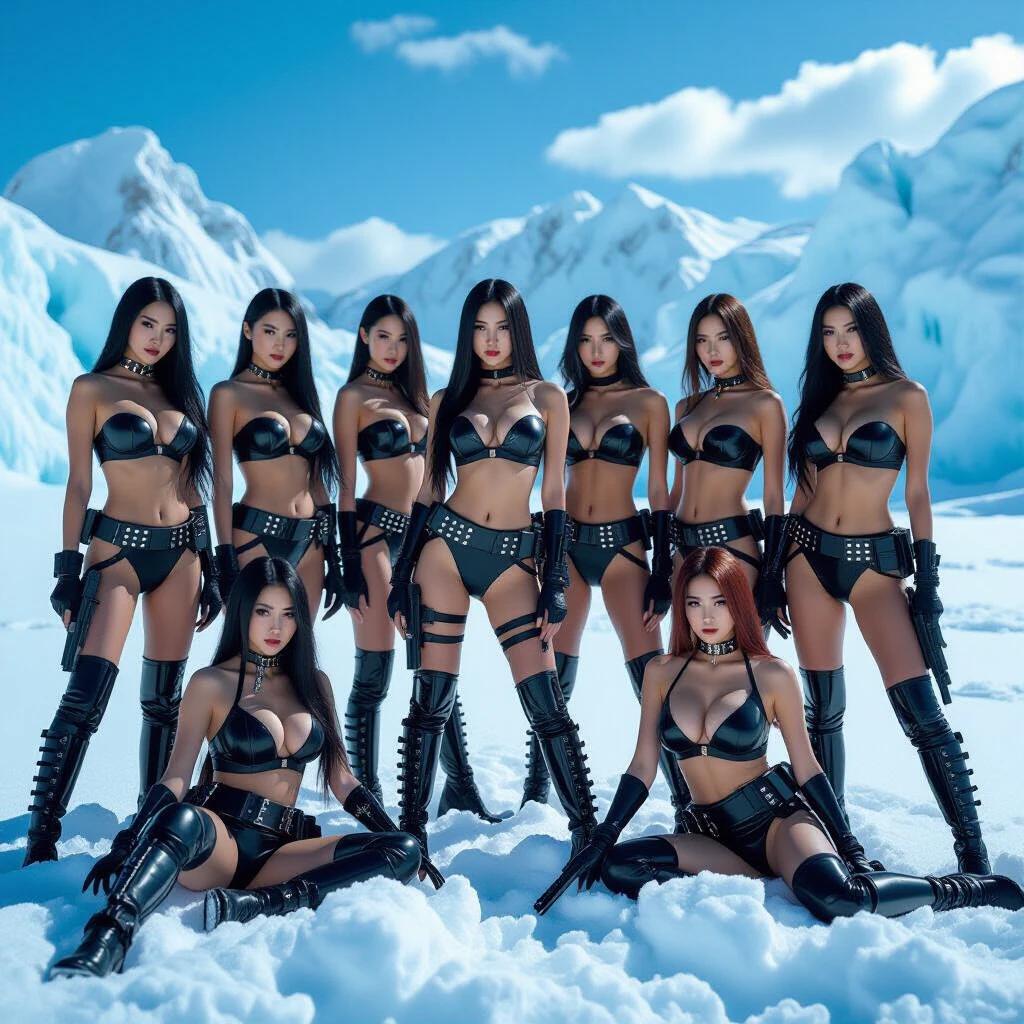 Fifteen women with Chinese features pose in a snowy environment. Black metal lingerie with military theme. Some women stand tall while others sit or lie. They strike strong poses. Background includes icy mountains and a bright blue sky.