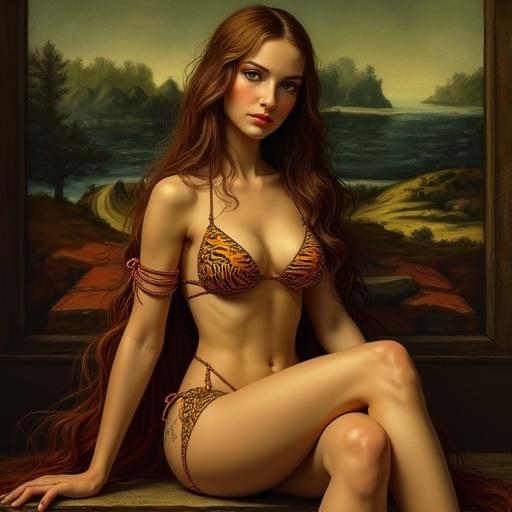 Anime character inspired by Renaissance art present in a seated pose reminiscent of Mona Lisa with a classic Tuscan landscape in the background. Wears a tiger-striped bikini while maintaining an elegant demeanor with a mysterious expression. Artwork style mimics oil painting techniques from the Italian Renaissance.