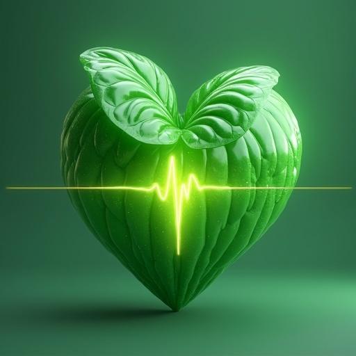 3D icon of a heart-shaped green plant. Digital pulse lines grow from the leaves. Represents life energy. Soft medical glow effect.