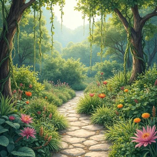 Watercolor illustration showing a lush jungle-like garden. Many plants and vines grow vibrantly. A winding stone path leads through the greenery.