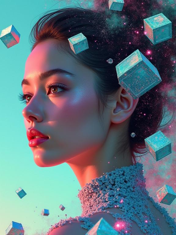 Design a striking portrait of a young woman. Faces as focal point with calm and confidence. Floating geometric shapes like cubes are swirling around. Elements appear in motion with energy and depth. Blend vibrant neon with muted colors. Background is abstract and cosmic, merging reality and imagination.