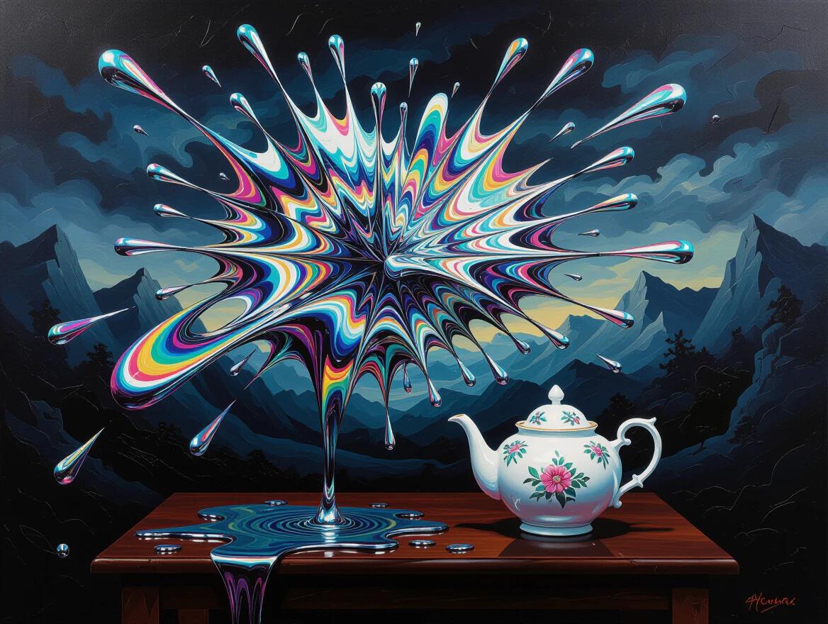 Sculptural oil painting depicting aggressive burst of liquid chrome Set in a dark fantasy landscape with sharp spikes A porcelain teapot on a wood table with viscous swirling stream flows from spout Atmosphere of quiet wonder and unexpected magic