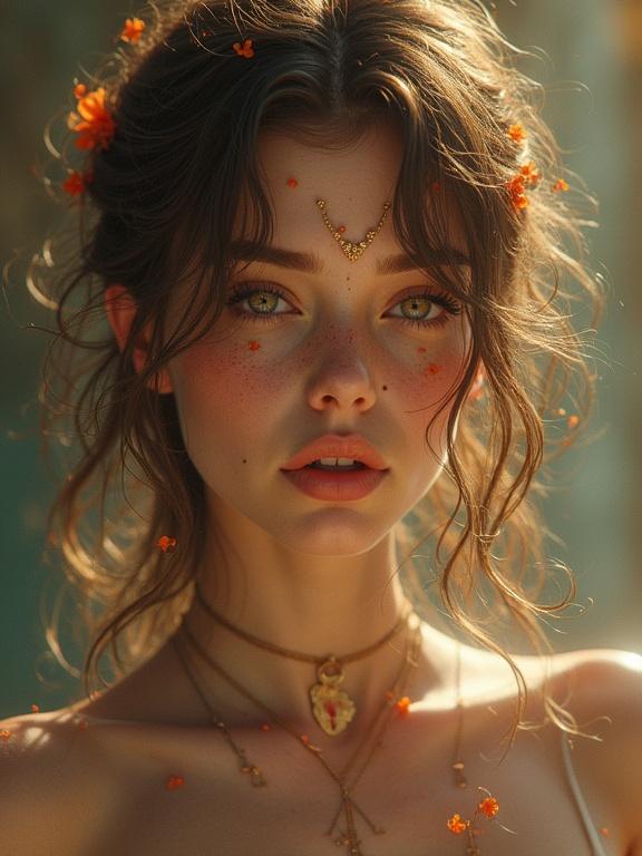 A portrait of a young woman with curly hair adorned with flowers. She has bright eyes and a delicate expression. Soft natural light highlights her features.