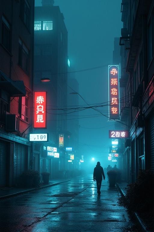 Abandoned neon city at night. Rain and fog create a mysterious atmosphere. A lonely figure walks down the dark street with emotional lighting. Cinematic feel is present.